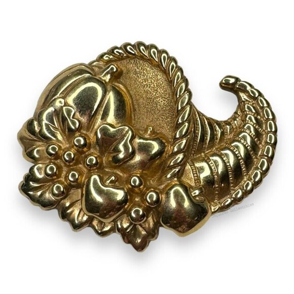 Ginnie Johansen Jewelry - Ginnie Johansen Gold Tone Cornucopia Brooch Autumn Thanksgiving Vintage